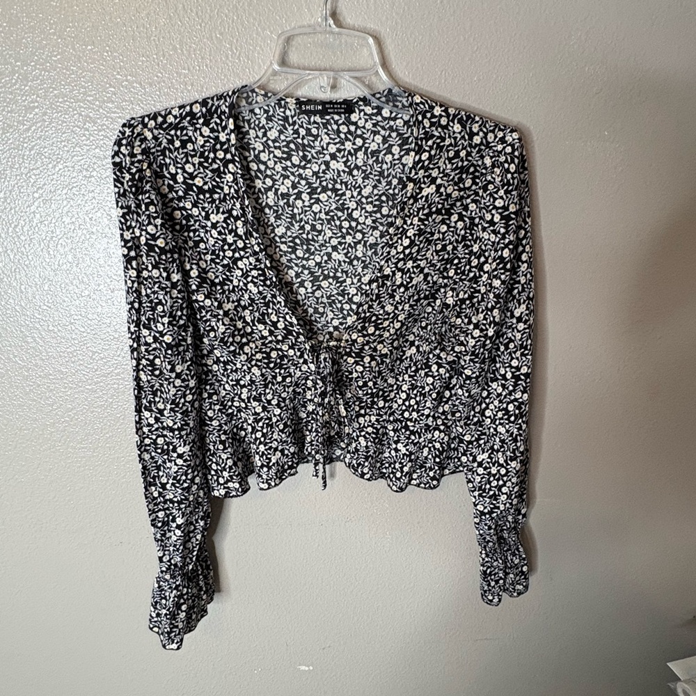 Black and White Tie Front Floral Blouse